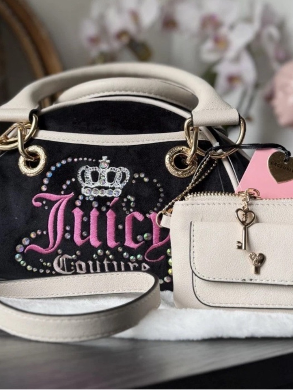 Juicy Couture Black & Cream Embellished Logo Satchel